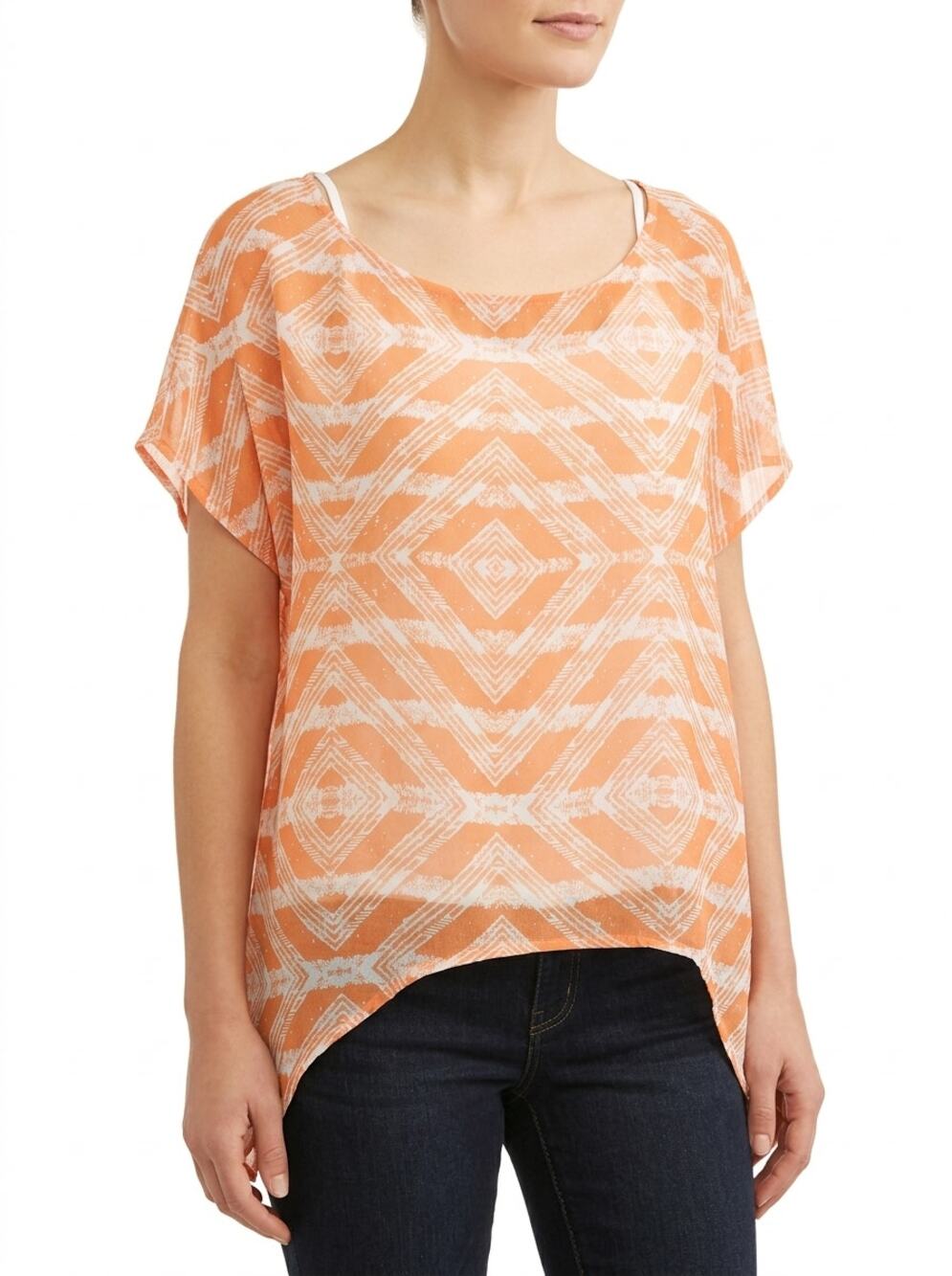 Guess Orange Asymmetrical Scoop Neck Chiffon Geometric Blouse Women Size XL